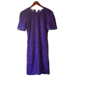 80s Lawrence Kazar Embellished Beaded Sequin Purple Silk Cocktail Dress Small